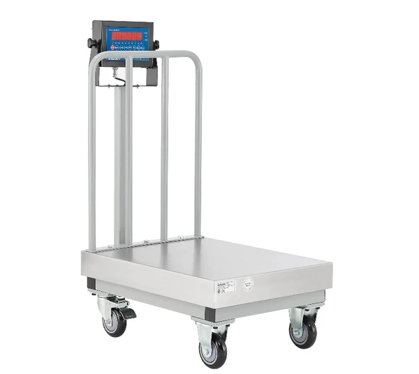 A stand-alone industrial platform scale with a digital display at the top. The scale has a rectangular metal platform and four sturdy wheels for mobility. As part of our advanced weighing solutions, the digital display shows weight measurements and includes various buttons for operation.