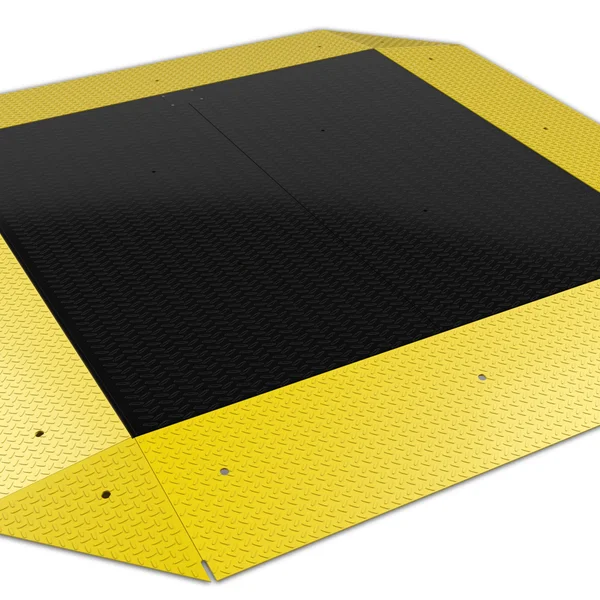 A black platform surface is surrounded by a yellow border. The platform, likely part of industrial scales, has a textured pattern for traction. The yellow border has evenly spaced screw holes, suggesting it is meant to be fixed in place. The image is taken from a top-down perspective.