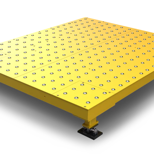 A yellow metal platform with numerous evenly spaced holes is featured, supported by black feet at its corners. Set against a black background, it gives the illusion of floating. Ideal for industrial scales, it's perfect for precise and reliable scale calibration.