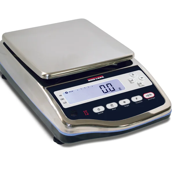 A digital laboratory scale with a stainless steel weighing platform and an LCD display showing "0.0 g." The front panel includes buttons labeled "ON/OFF," "Print," "Tare," "Units," and other functional keys, ensuring precise scale calibration for optimal weighing solutions.