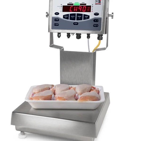 A digital scale displays "1190.1" in red numbers, with the platform holding a tray of raw chicken pieces. The scale, ideal for precise weighing solutions, features multiple buttons and a metal stand, all set against a white background.