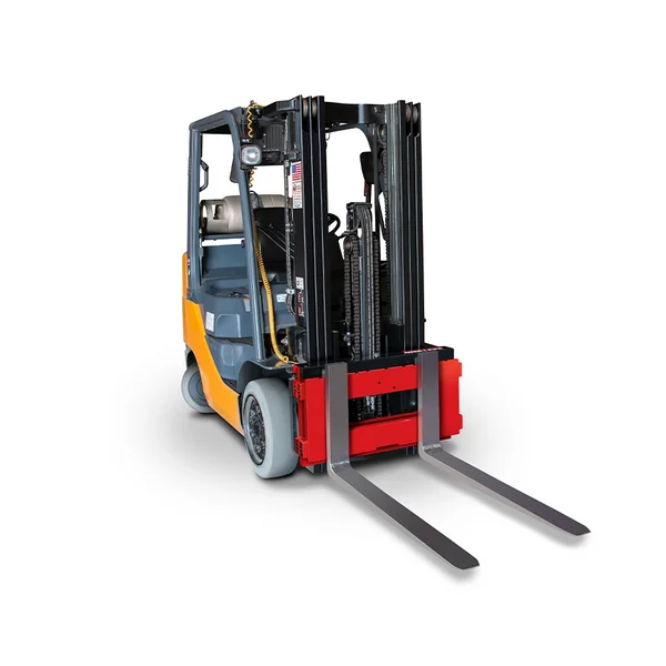A forklift with a yellow and black body, featuring large grey tires and extended metal forks at the front. The cabin includes a seat, steering wheel, and visible control mechanisms. This stationary machine is essential for scale calibration operations and is set against a plain white background.