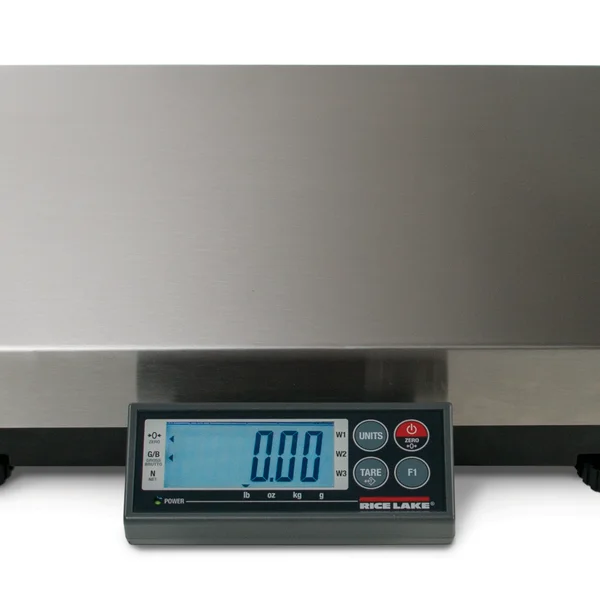 A digital weighing scale with a stainless steel platform and a display unit showing "0.00." The display unit has buttons labeled "UNITS," "W1," "W2," "TARE," and "FI," as well as an on/off button. The brand name "RICE LAKE" is visible, reflecting their expertise in industrial scales and weighing solutions.