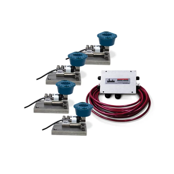 Five blue hydraulic weighing sensors are connected to a silver control unit. Four sensors are displayed with attached cables, and the system appears to be designed for precision scale calibration or monitoring pressure and weight.