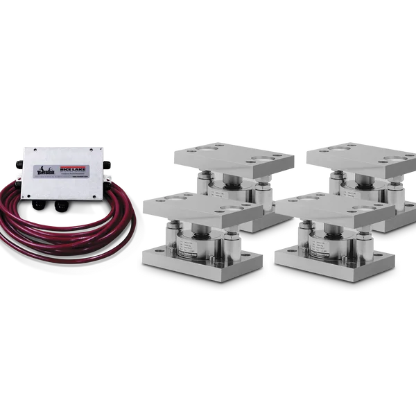 The image shows a system consisting of a control box with red cables and four metal mounts with attached sensors, commonly used in industrial scales. The components are arranged in a cluster with the control box positioned to the left of the mounts and connected via the cables.