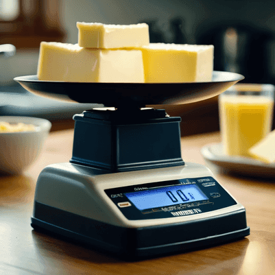 Digital kitchen scale with butter on the weigh plate showing an incorrect reading of 0.0